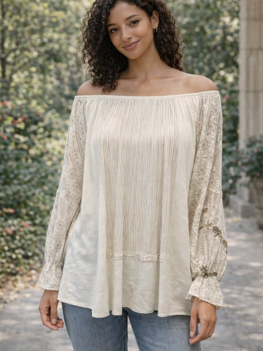 Beige and Taupe ✨ Free People Oversized Boho Blouse – Size S ✨Embroidered Lace